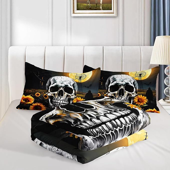 Skull Comforter Set for Gothic Decor Bedroom,Sunflower Floral Bat Print Bedding King Size Comforter Set for Kids Boys Girls,Dark Night Halloween Horror Bedding Set with 2 Pillowcases.