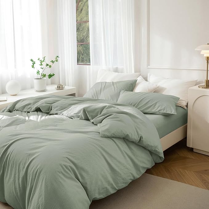 JIYUAN 100% Washed Cotton Duvet Cover Set 2 Pieces Twin, 1 Duvet Cover 68x90 Inches(Comforter Not Included) and 1 Pillowcases,Linen Feel Bedding Set Comfy and Breathable, Heathered Sage Green
