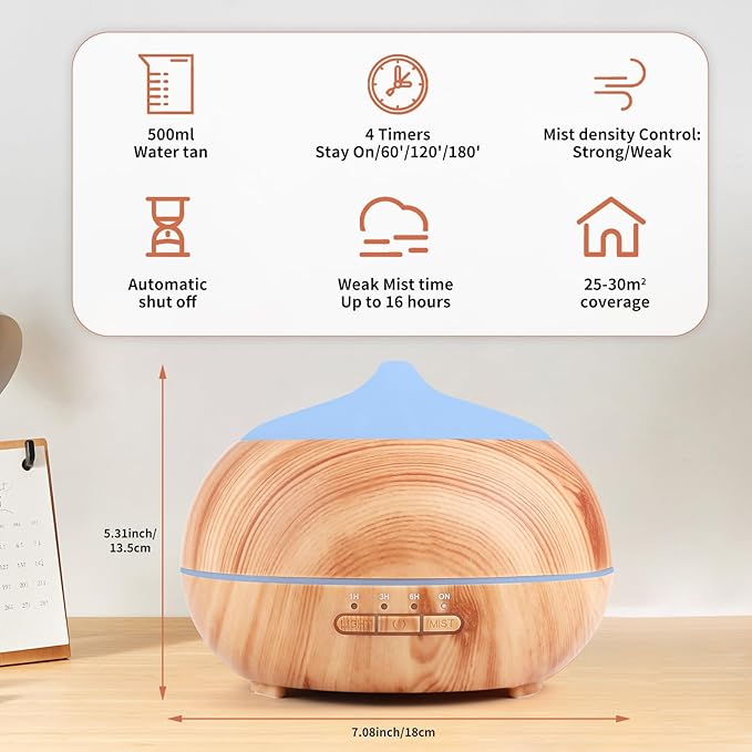 HAPPTWS 500ML Essential Oil Diffuser - BPA Free Ultrasonic Aromatherapy Diffuser, with 7-Color Lights - Waterless Auto Shut Off - Yellow