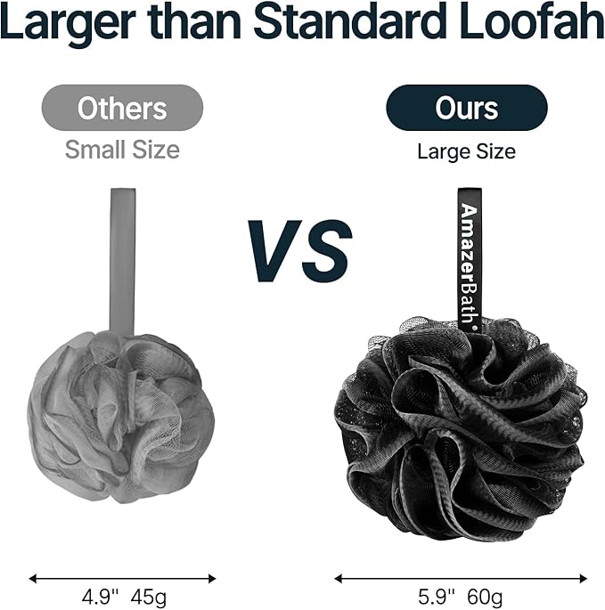 AmazerBath Loofah Sponge, Shower Loofah for Men and Women - Body Scrubber Loofa Set of 3 Classic Black & White Edge, Bath Sponge 60g/PCS