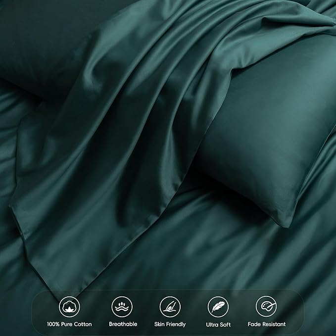 MooMee Duvet Cover Set 100% Extra Long Staple Cotton 600 Thread Count Silky Sateen Smooth Luxury Soft Breathable Durable Hotel Quality Bedding, 3 Pieces (Forest Green, Oversized Queen 98"x98")