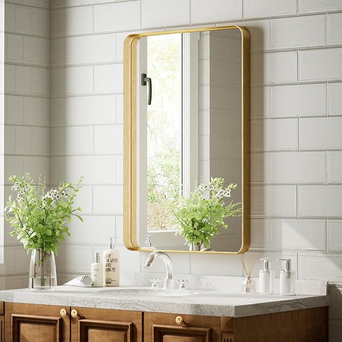 VooBang Bathroom Mirror 24x32 inch, Gold Gorgeous Deep Frame Wall Mirror, Modern Round Corner Bathroom Vanity Mirror for Bedroom, Living Room, Hanging or Leaning Horizontal or Vertical, Gold