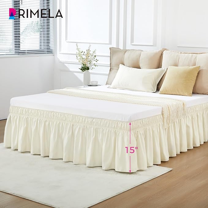 RIMELA Off White Bed Skirt King Size 15 Inch Drop, Elastic Bed Skirting for Bed Base and Frame, Bedding Dust Ruffle Easy to Install, Lightweight Wrap Around Adjustable Bedskirt