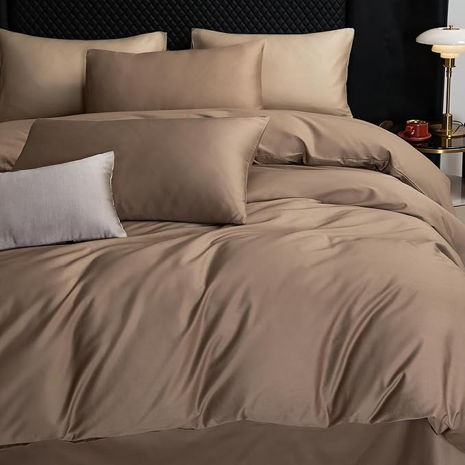 MooMee King Duvet Cover Set, 100% Extra Long Staple Cotton 600 Thread Count Sateen Silky Soft Breathable Durable Luxury Hotel Quality Bedding Set, 3 Pieces (Brown, King 104"x90")