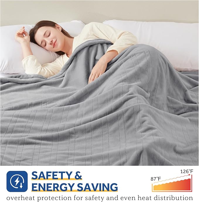 Sealy Electric Blanket Twin Size, Flannel Heated Blanket with 10 Heating Levels & 1-12 Hours Auto Shut Off, Machine Washable, Light Grey, 62 x 84 Inch