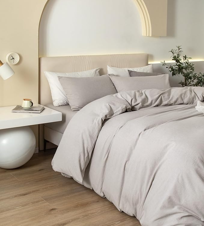 JIYUAN 100% Washed Cotton Duvet Cover Set 3 Pieces King, 1 Duvet Cover 104x90 Inches(Comforter Not Included) and 2 Pillowcases,Linen Feel Bedding Set Comfy and Breathable, Heathered Cream Grey