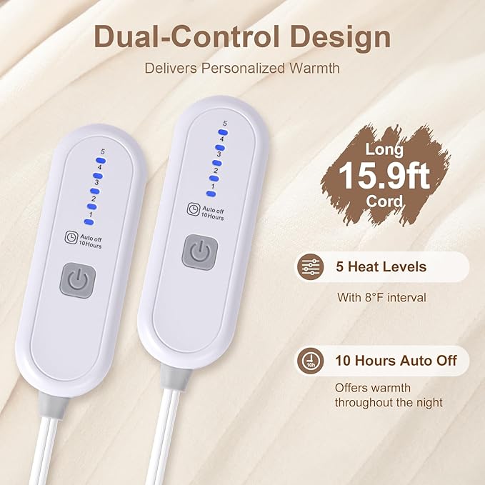 Electric Blanket King Size Dual Control - Heated Blanket with 5 Heat Settings, 10 Hours Auto Off, Overheat Protection, Washable Heating Blankets Gift for Mom 100" x 90", White