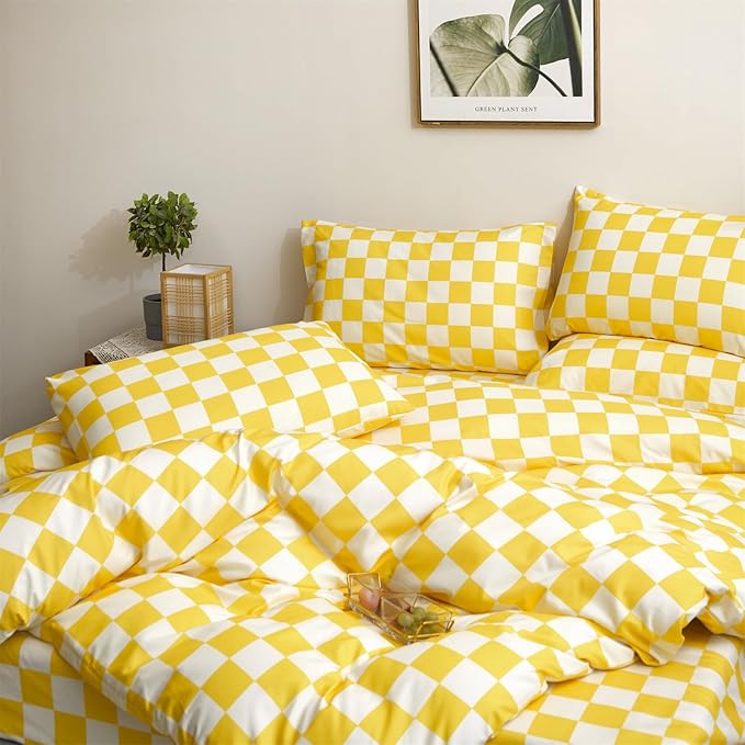KAREVER Yellow White Grid Comforter Set Twin Yellow Plaid Bedding Set Girls Yellow and White Checkered Kids Breathable Blanket Set