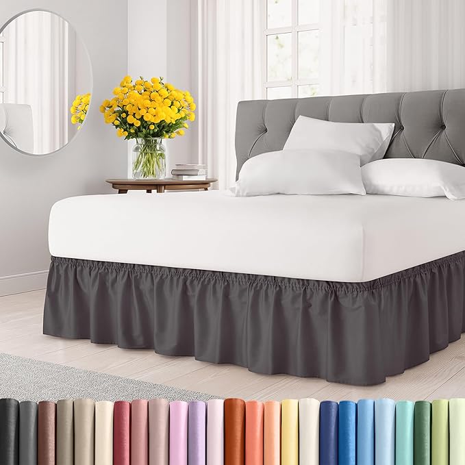 Wrap Around Dust Ruffle Bed Skirt - Dark Grey - for King Size Beds w/ 14 Inch Drop - Easy Fit Elastic Strap - Adjustable Pleated Bedskirt with Brushed Fabric, Wrinkle Free Women, Men, Kids and Teens