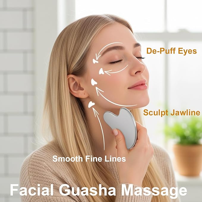Stainless Steel Gua Sha Tool & Lymphatic Drainage Face Brush Set, TWPER Facial Massage Kit for Jawline Sculpting Puffiness Lifting Relaxation, Contour Face Brush with Storage Case