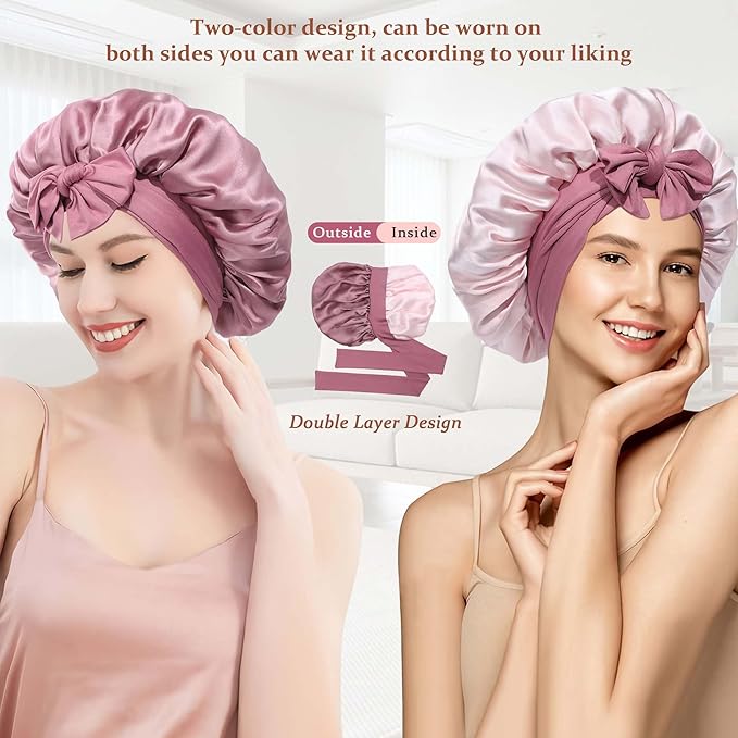 100% Mulberry Silk Bonnet for Sleeping Women Double Layer Silk Hair Bonnet Natural Silk Sleep Cap with Elastic Reversible Hair Wrap (Bean Paste + Light Pink)