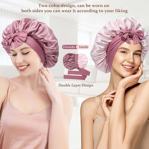 100% Mulberry Silk Bonnet for Sleeping Women Double Layer Silk Hair Bonnet Natural Silk Sleep Cap with Elastic Reversible Hair Wrap (Bean Paste + Light Pink)