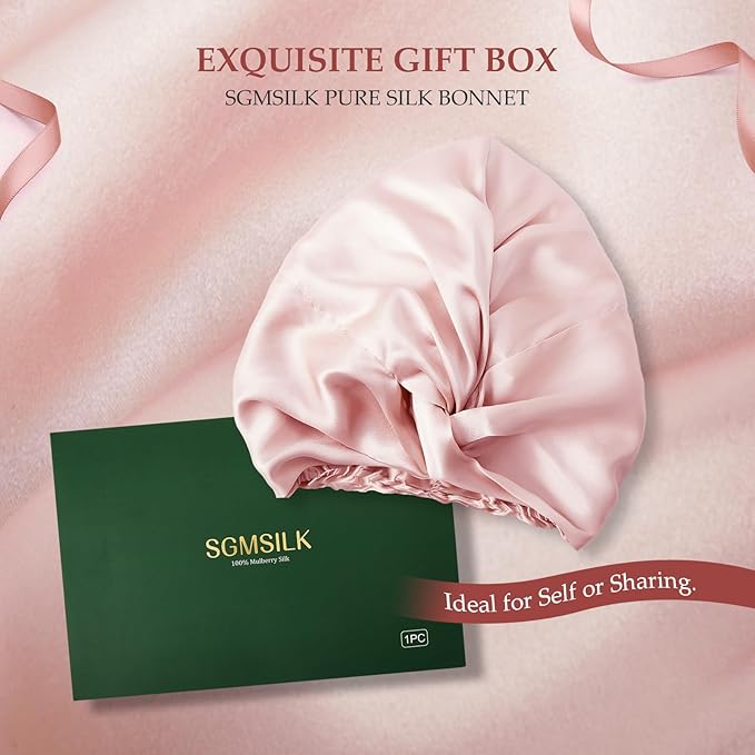 Silk Bonnet for Sleeping Women, 100% Mulberry Silk Sleep Cap with Elastic Band, Real Mulberry on Both Sides, Soft Pink