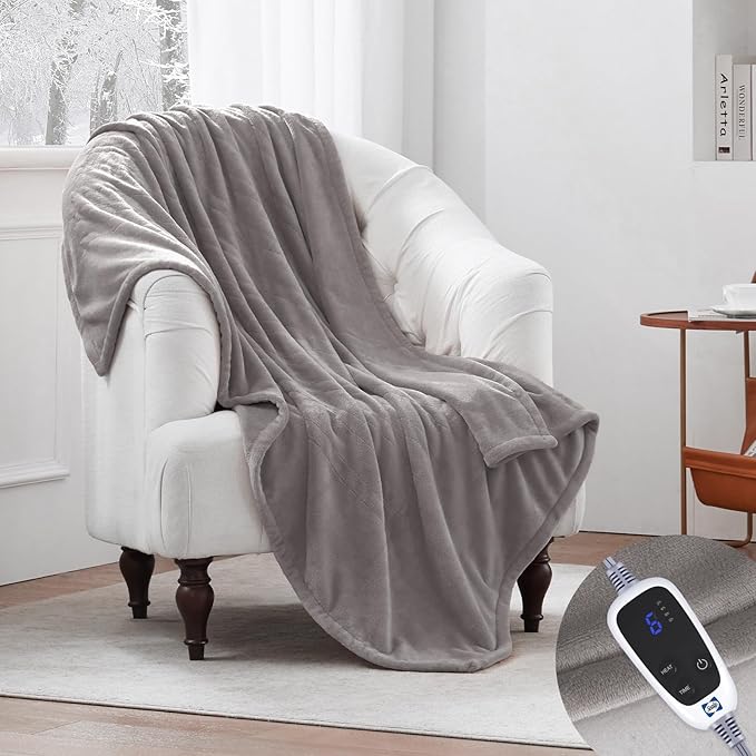 Sealy Heated Throw Blanket, Flannel Electric Blanket Throw with 6 Heating Settings & 2-10 Hours Auto Shut Off, Fast Heating & Machine Washable for Home Office Use, 50x60 Inch, Light Grey