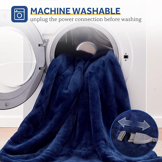 SEALY Electric Blanket Throw, Soft Flannel Heated Blanket with 6 Heat Settings & 2-10 Hours Auto Shut Off, Fast Heating & Machine Washable, 50x60 Inch, Navy