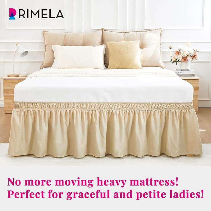 RIMELA Oatmeal Bed Skirting Queen Size Bed Skirt 15 Inch Drop, Wrap Around Elastic Adjustable Bedskirt, Dust Ruffle for Bed Frame & Box Spring Soft Durable Fabric Machine Washable Easy to Install