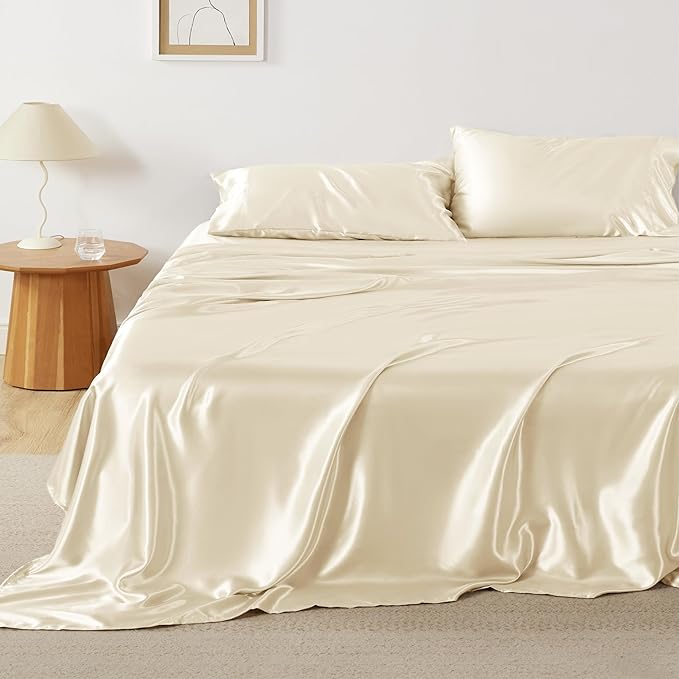 Bedsure Satin Sheets Queen Size - 4 Piece Silky Bedsheets with 15 Inches Deep Pocket Fitted Bedsheet,1 Flat Sheet, 2 Satin Pillowcases, Good for Hair & Skin (Queen, Cream)