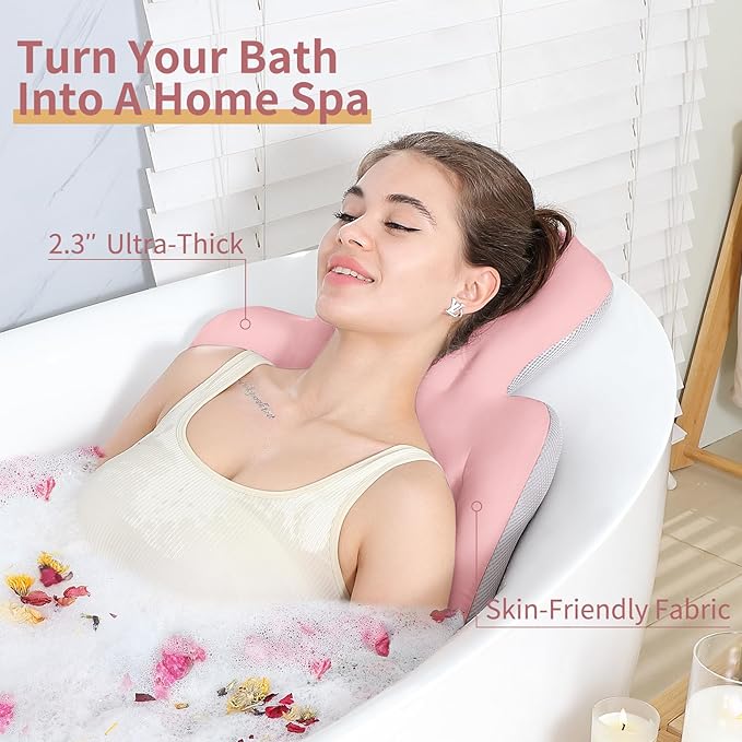 Luxury Bath Cushion, Full Body Bathtub Pillow with 160 Suction Cups, Bath Mat for Head and Neck Support, with Laundry Bag (Light Pink, 60.2" x 16.2")