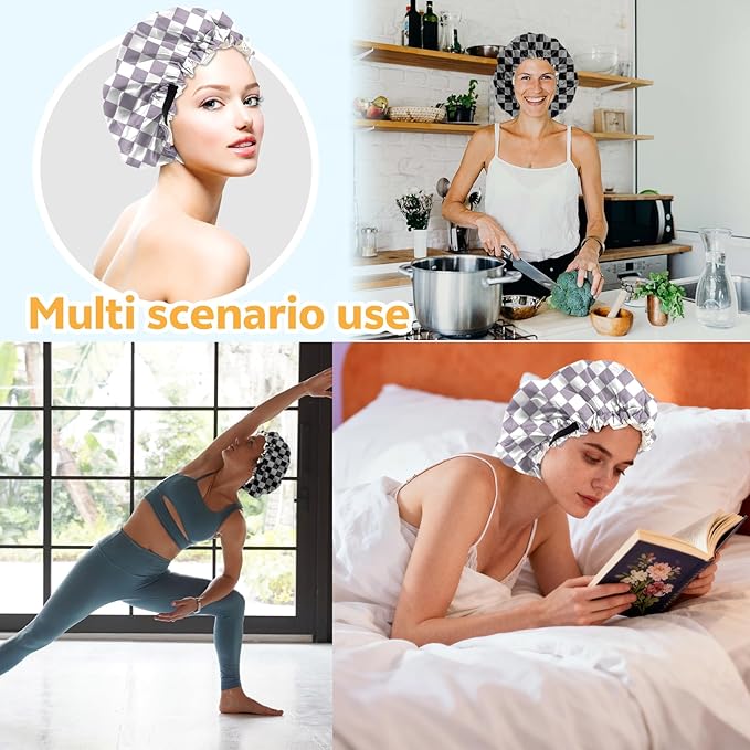 2 PCS Bonnets for Women Girls Satin Hair Bonnet Silk Adjustable Elastic Double Layer Hair Wrap Sleep Cap Comfort Cute-Purple Black Checkered