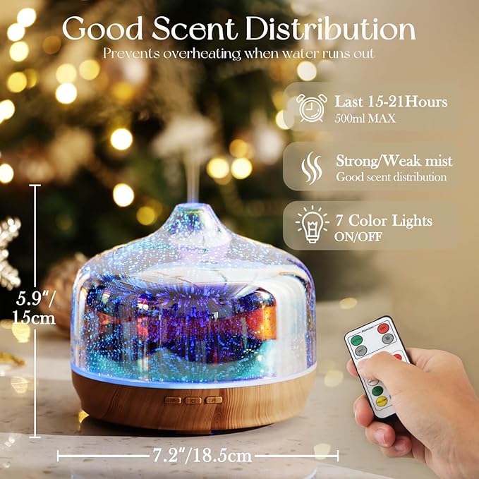 Porseme 500ml Glass Essential Oil Diffuser Aromatherapy Ultrasonic Cool Mist Humidifier 15-21 Running Hours Diffusers with Remote Control for Sleeping Yoga Office Working Spa and Rest