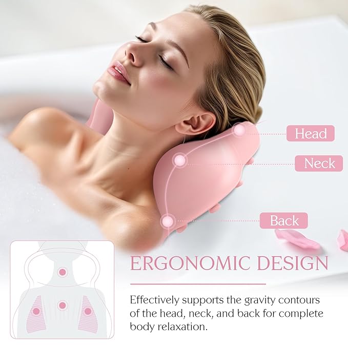Silicone Bath Pillow, New Material Bath Pillows for Tub Head Neck and Back Support, Bath Tub Pillow with 4D Press Inflatable Airbag and Non-Slip Strong Suction Cups, Quick-Drying, Easy to Store, Pink