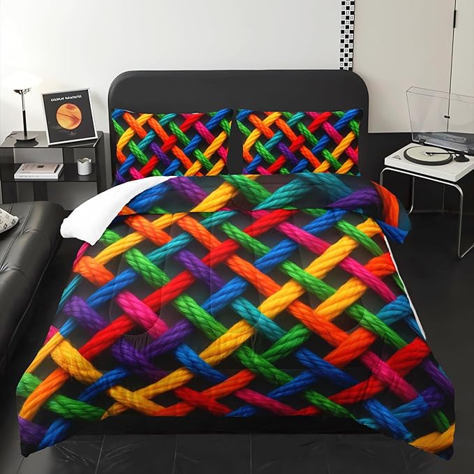 Colorful Checkered Geometric Pattern Comforter Set Full Size，Waffle Weave Bedding Set Full，with 1 Comforter with 2 Pillow Case，Checkered Print Bedroom Decor