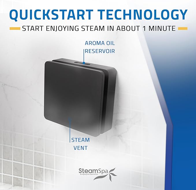 SteamSpa Steam System 15kW Steam Shower Generator with Bluetooth Wifi, Quickstart Continous Steam, Advanced Touch Pad Screen, Chroma Lights, Drain Pan and Auto Drain Black RVBS1500BK-A