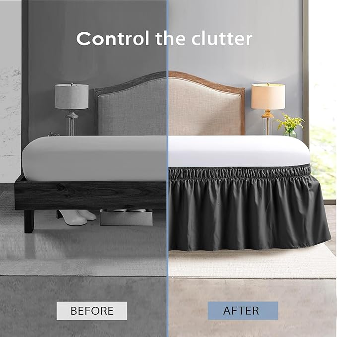FreshCulture Twin Bed Skirt, Elastic Wrap Around Bed Skirt Twin Bed, Easy Fit with 15-Inch Tailored Drop, Hotel Quality Bed Skirts for Adjustable Bed (Black)