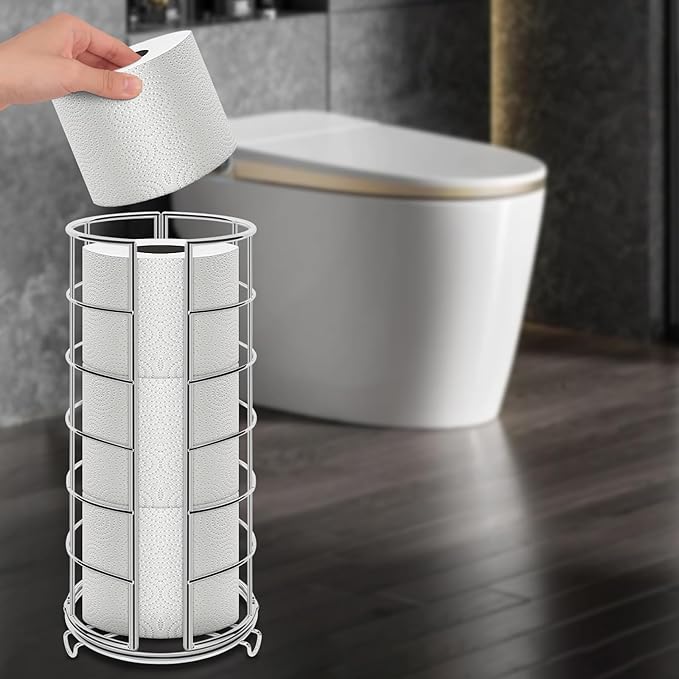 NearMoon Toilet Paper Organizer Stand, Free Standing 3 Rolls Tissue Storage, Metal Bathroom Accessory, Rustproof Toilet Roll Holder for Kitchen Countertop Inside Cabinet Shelf(Metal Base, Chrome)