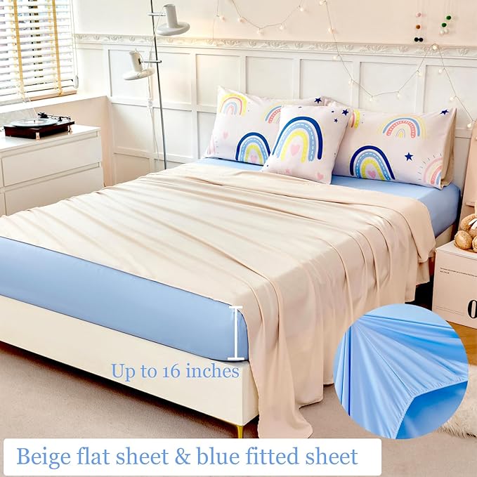 ANGIYUIN 6 Pieces Beige Rainbow Girls Comforter Set Twin Cartoon Rainbow Love Hearts and Stars Bedding Set for Girls Cute Soft Lightweight Kid Bed in A Bag with Rainbow Comforter, Sheets, Pillowcases