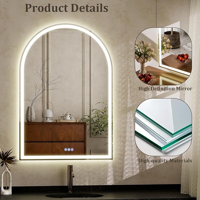 BEAUTYPEAK LED Arch Bathroom Mirrors with Lights, 40x30 Arch Mirror with Metal Frame, Anti-Fog,LED Mirror with Front Light and Backlit, Memory Function for Bathroom, Dressing Room