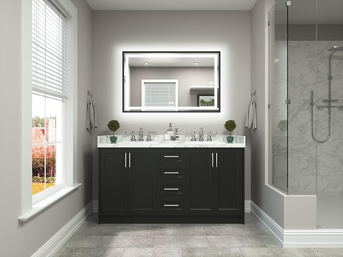 TETOTE 48 x 30 Large Bathroom Mirror Brushed Black Metal Frame Frontlit & Backlit Vanity Mirror 3 Colors White/Warm/Natural Stepless Dimmable Anti-Fog Bathroom Mirrors for Vanity Wall-Mounted