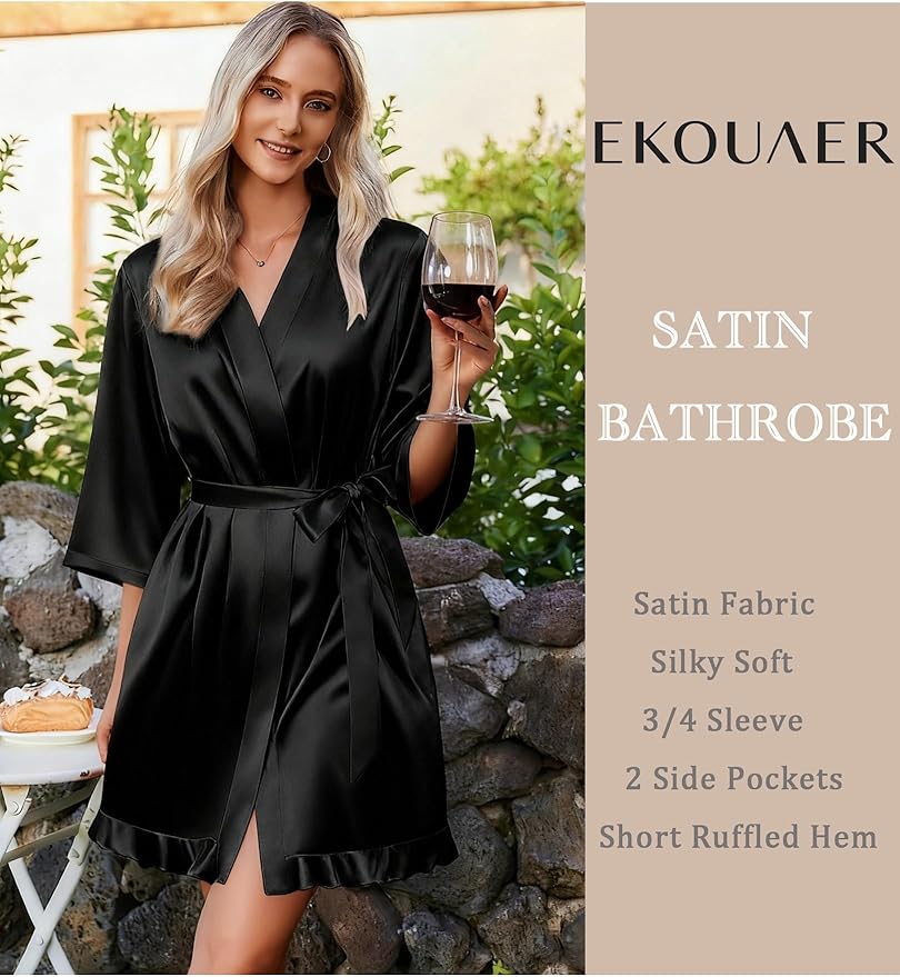 Ekouaer Women's Satin Robes Silk Kimono Bath Robe Short Ruffled Hem Bride Bridesmaid Sleepwear with Pockets