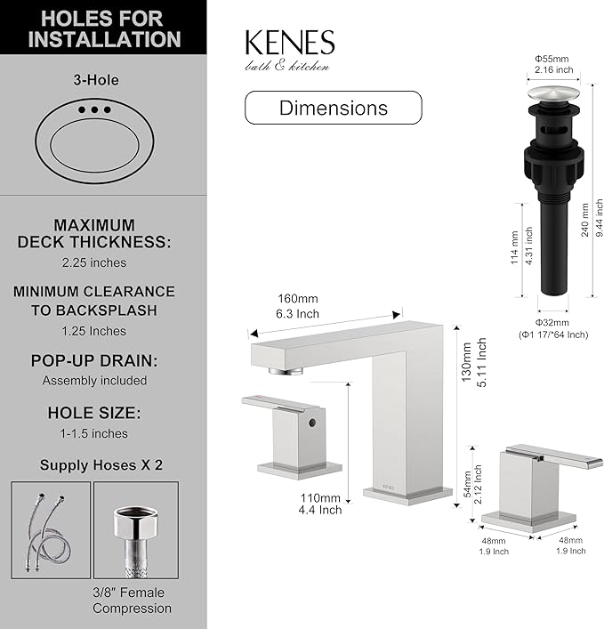KENES Brushed Nickel Widespread Bathroom Faucet 2 Handle Bathroom Sink Faucet 3 Hole, 8-Inch 3 Pieces Vanity Faucet with Pop Up Drain & Supply Lines, KE-9050-P