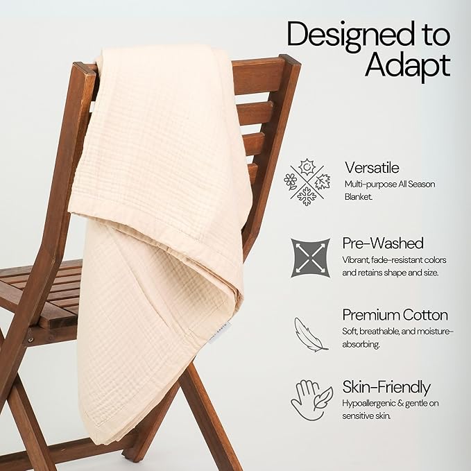 Salt Earth 100% Cotton Muslin Throw Blanket Gauze Blanket 55"X75" Twin, 4 Layered for Couch, Bed, Living Room, Home, Lightweight & All Season Blankets & Throws, Easy wash, Skin Friendly (Parchment)