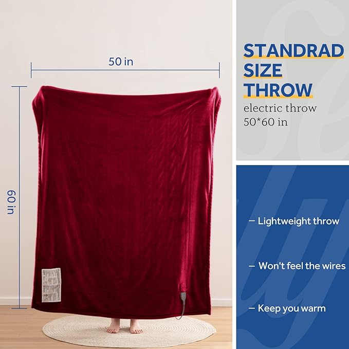 Sealy Heated Blanket Throw, Soft Flannel Electric Blanket with 6 Heat Settings & 2-10 Hour Auto Shut Off, Fast Heating with ETL Certificated Machine Washable, 50x60 Inch, Burgundy