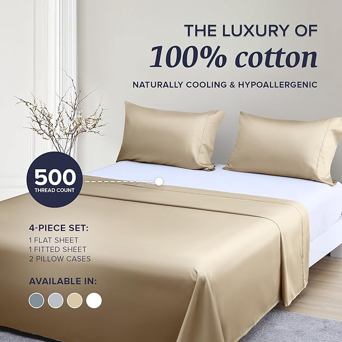 Beckham Hotel Collection Cal King Sheet Set 100% Cotton, 500TC Luxury Sateen Bedding, 16” Deep Pocket, Moisture-Wicking, 4-Piece, Sand