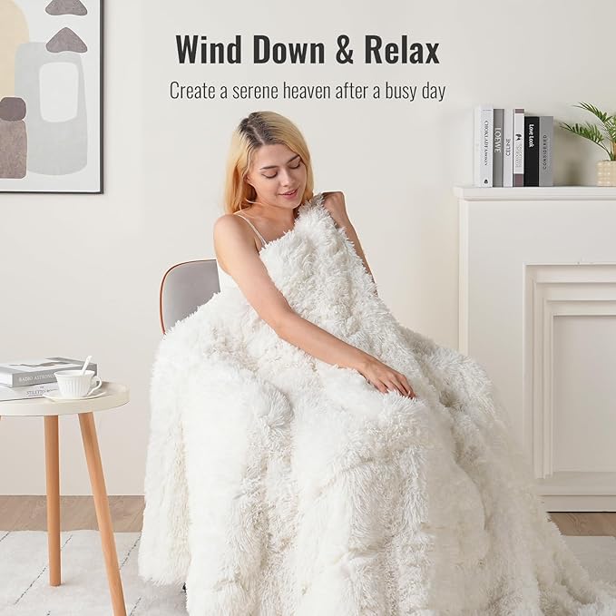 Uttermara Faux Fur Weighted Blanket 20lbs, Super Soft Plush Fleece and Cozy Sherpa Reverse, Shaggy Long Fur Throw Blankets 60"x80" Cream