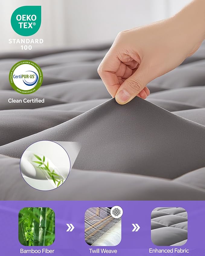 Dual Layer 4 Inch Memory Foam Mattress Topper King - 2 Inch Gel Memory Foam and 2 Inch Pillow Top Mattress Pad, 7-Zone Egg Crate King Size Mattress Topper (Grey)