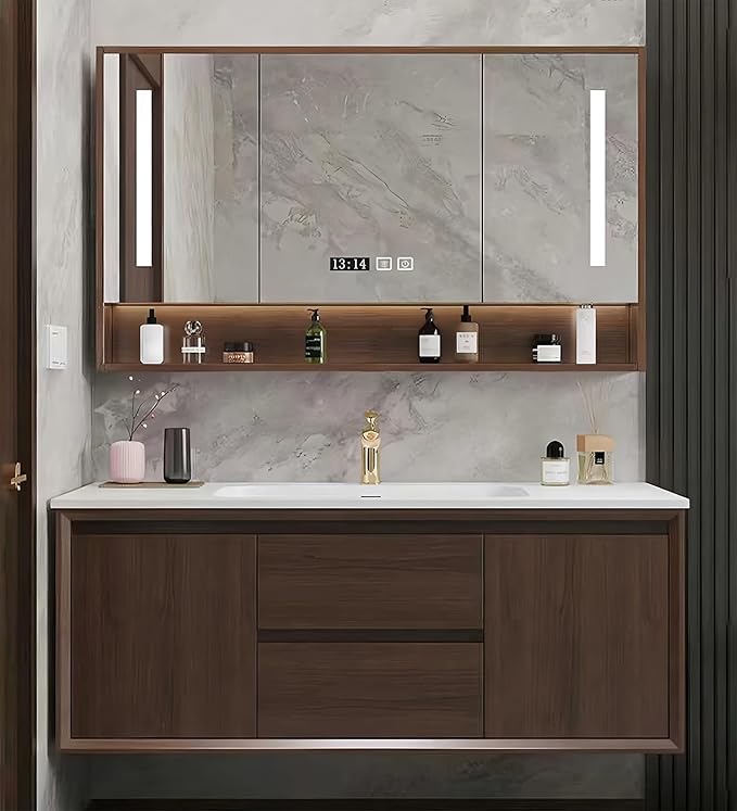 Bathroom Sink Vanity 76Inch, Floating Bathroom Vanity with LED Smart Defogging Mirror Cabinet and Open Shelf, Multi-Layer Solid Wood Bathroom Furniture Cabinet, Wall Mount Installation (Walnut)