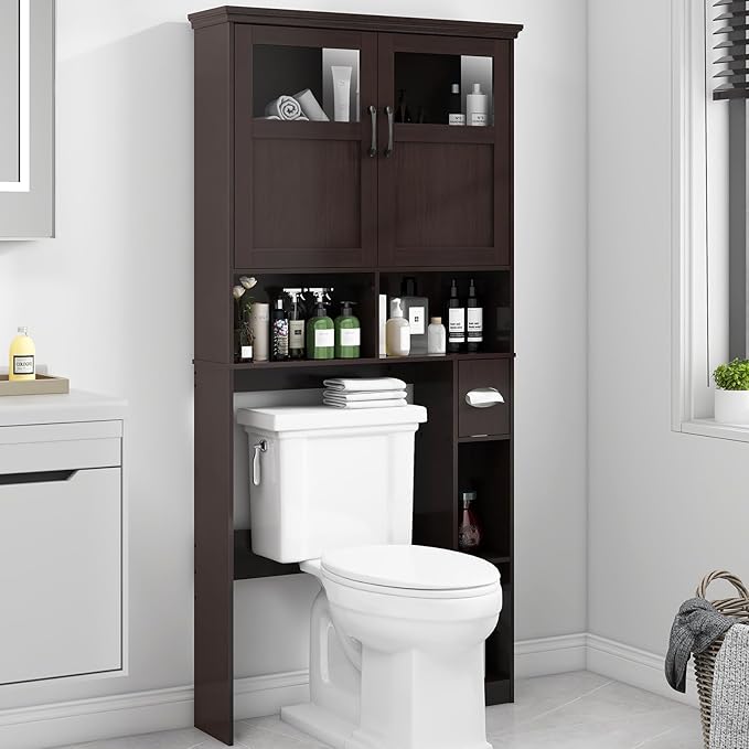 Over The Toilet Storage Cabinet, Storage Cabinet Over Toilet with Double Doors & Toilet Paper Holder Stand, Freestanding Toilet Shelf Space Saver with Anti-Tip Design & Adjustable Shelf, Espresso