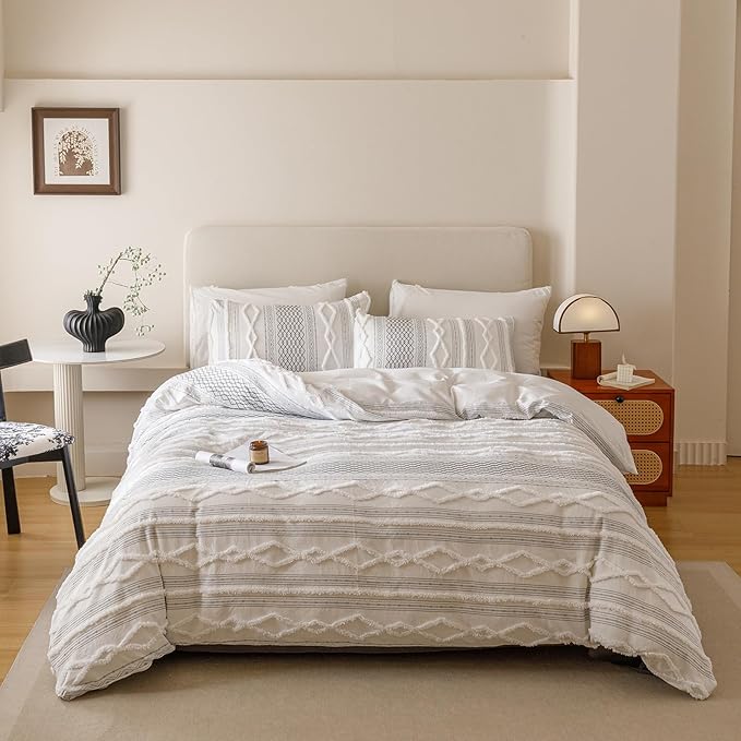 KAREVER Ivory Black Boho Comforter Set Full Mixed Textures Jacquard Bedding Set Durable Chic and Stylish Bedroom Set