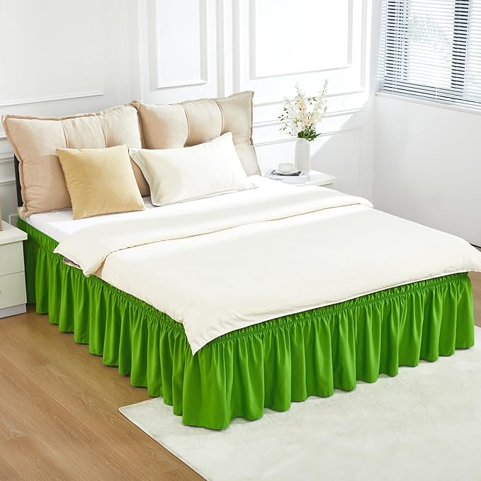 RIMELA Green Bed Skirt Queen Size 15 Inch Drop, Elastic Bed Skirting for Bed Base and Frame, Bedding Dust Ruffle Easy to Install, Lightweight Wrap Around Adjustable Bedskirt