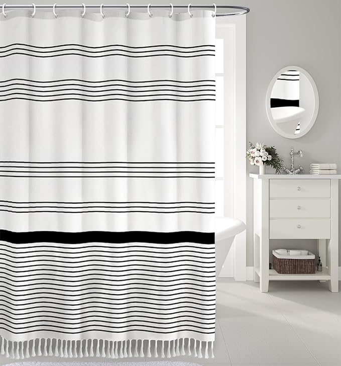 Awellife Black and White Boho Shower Curtain for Bathroom Stripe Tassel Shower Curtain Farmhouse Cotton 72" L x 84" W