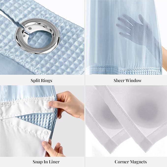 River Dream Misty Blue Fabric Shower Curtain Set, Cotton Blend, Waffle Weave, with Snap in Replacement Liner，71 x 86 inches