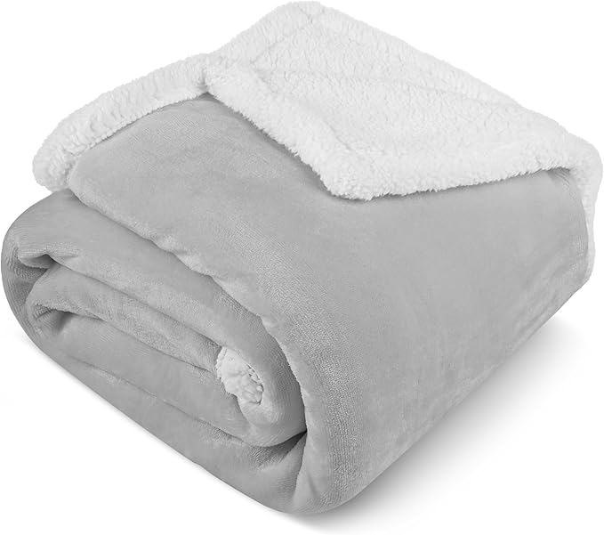 PAVILIA Sherpa Fleece Throw Blanket for Couch, Light Grey, Plush Soft Fuzzy Sofa Blanket, Cozy Reversible Winter Throw for Women Men, 50x60 Inches