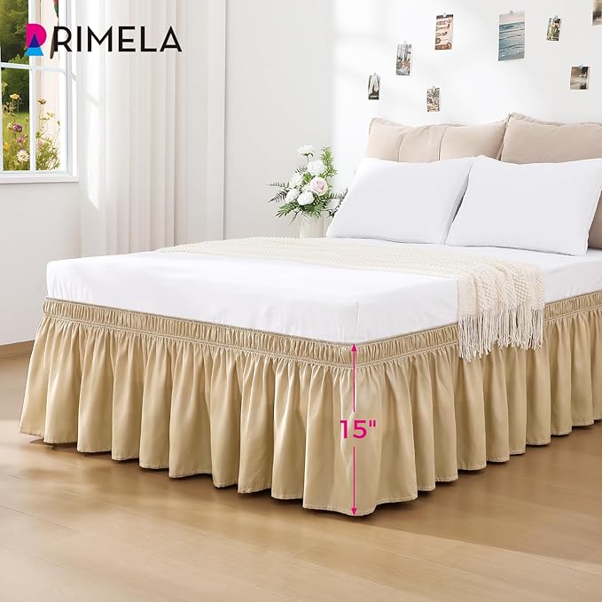 RIMELA Beige Bed Skirt King Size 15 Inch Drop, Wrap Around Elastic Bedskirt, Dust Ruffle for Adjustable Bed Base Machine Washable Easy to Install Bed Skirts