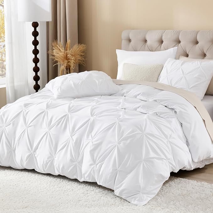 Litanika White King Pinch Pleat Duvet Cover, 3 Pieces Pintuck Cover Soft Microfiber Bedding Set with Zipper Closure & Corner Ties(104x90Inch-1 Duvet Cover, 2 Pillowcases)