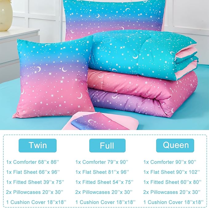 URBONUR 6 Pcs Gradient Comforter Set for Girls Twin Size Pink Purple Blue Colorful Moon Star Rainbow Comforter Bed in A Bag, Soft & Lightweight Kids Teen Bedding Set