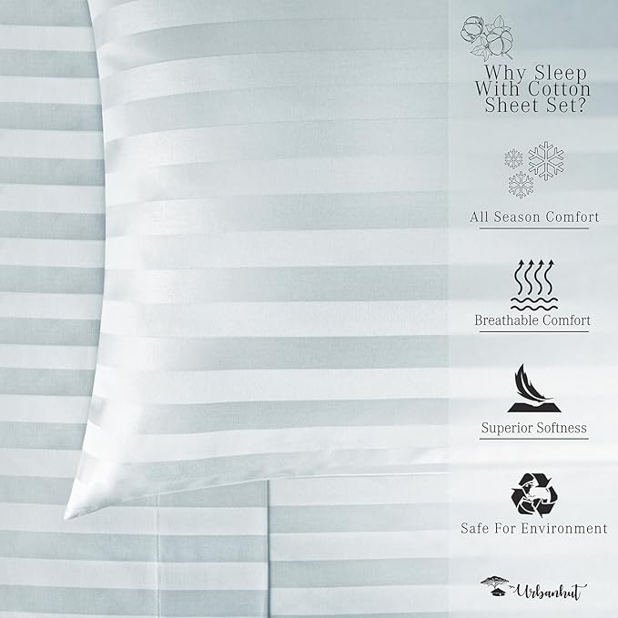 URBANHUT 1000 Thread Count Damask Striped California King Sheet Set Egyptian Cotton, Long Staple Soft & Breathable, 4 Pc Bed Sheet Sets, Luxury Hotel Sateen Sheets Fits 16" Deep Pocket - Light Blue